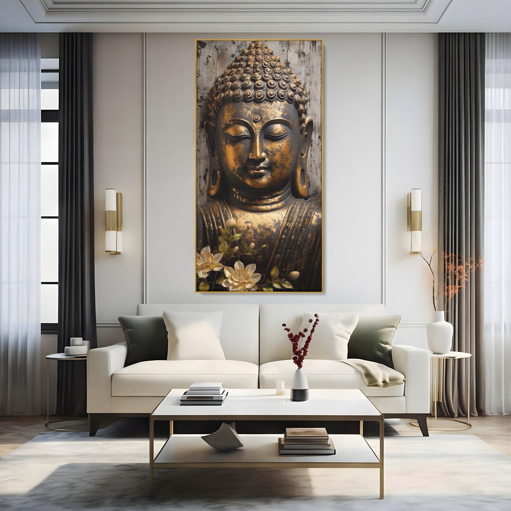 Tablou canvas cu tablou canvas cu capul lui buddha, in rama de aluminiu auriu, pe perete intr-un living